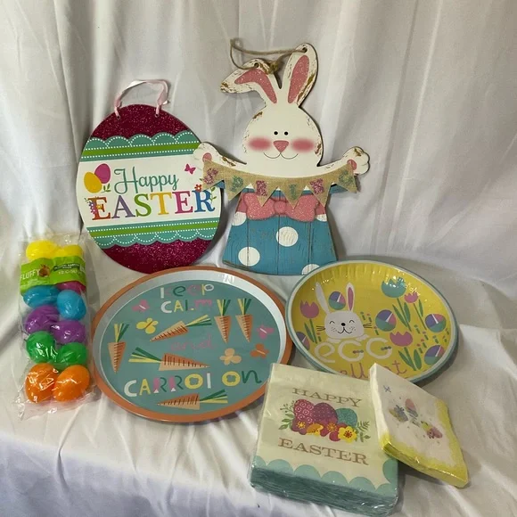 Easter Dinnerware Set & Decor,Platters, Napkins, Plastic Eggs 2 Wall Decorations - Picture 1 of 14